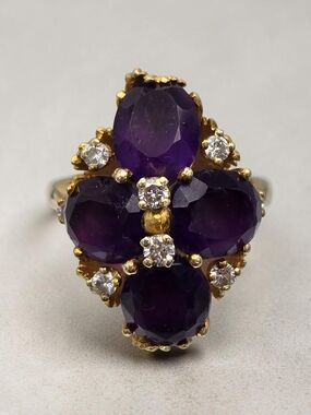 Vintage 14K Gold Amethyst Diamond Estate Cocktail Cluster Ring Size 7   10.22g